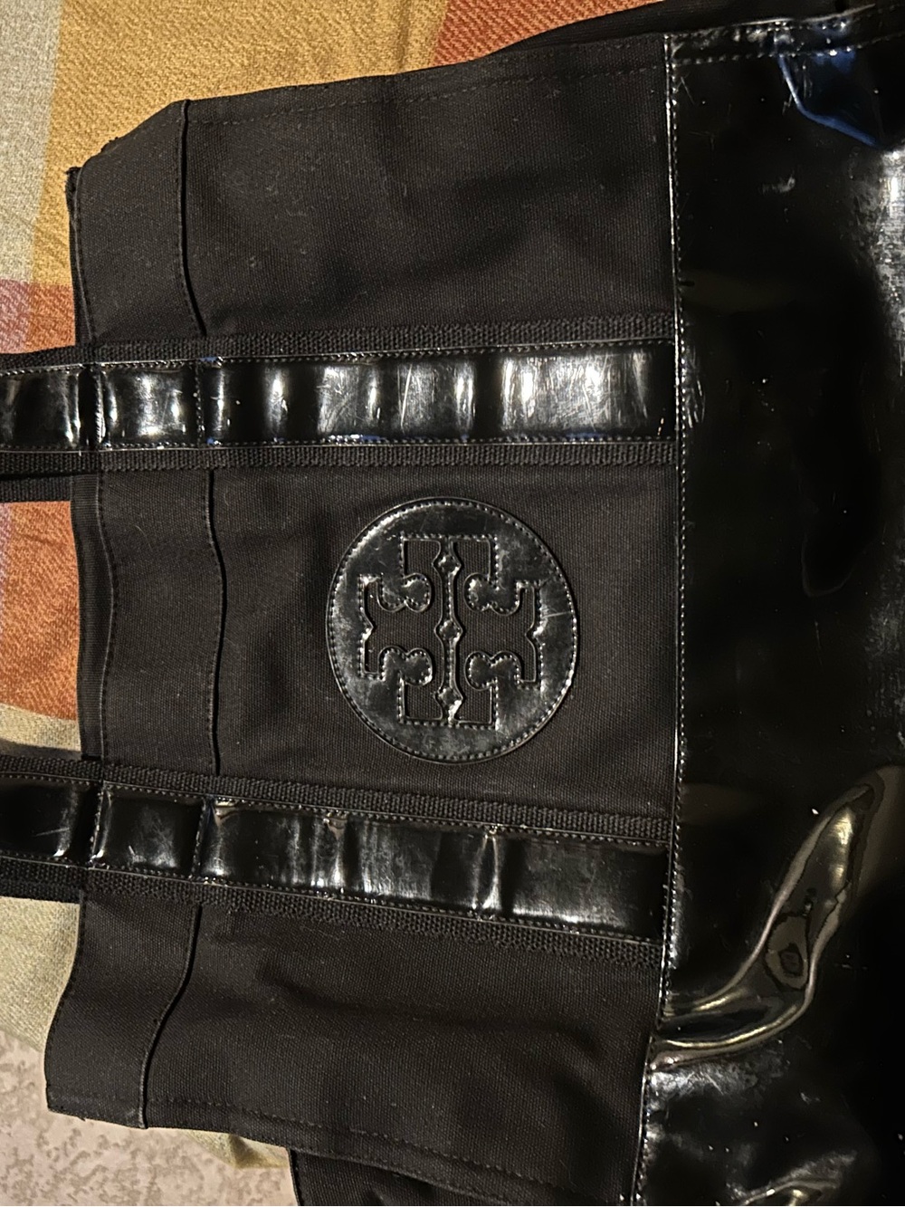 Tory Burch Black Tote with Patent Trim and Logo Medallion